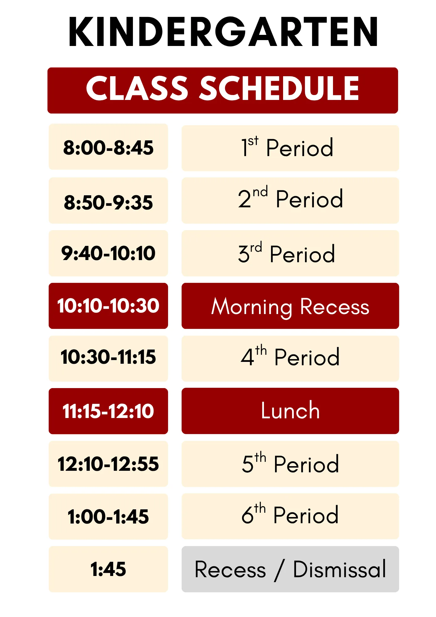 Classroom Schedule - Kindergarten