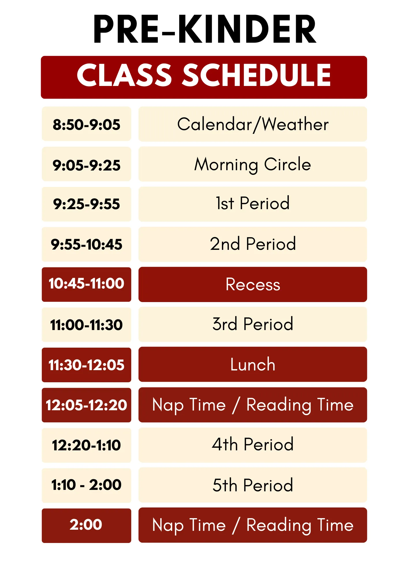 Pre-Kindergarten Schedule